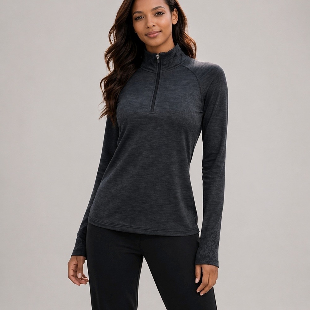 PRANA Womens Dark Gray Tonal Floral Quarter Zip Performance Pullover SZ Medium